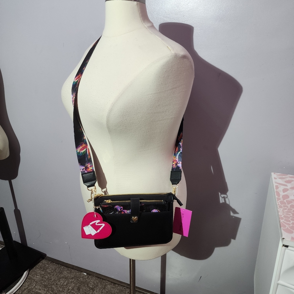 Betsey Johnson Black Crossbody Bag with Floral Strap